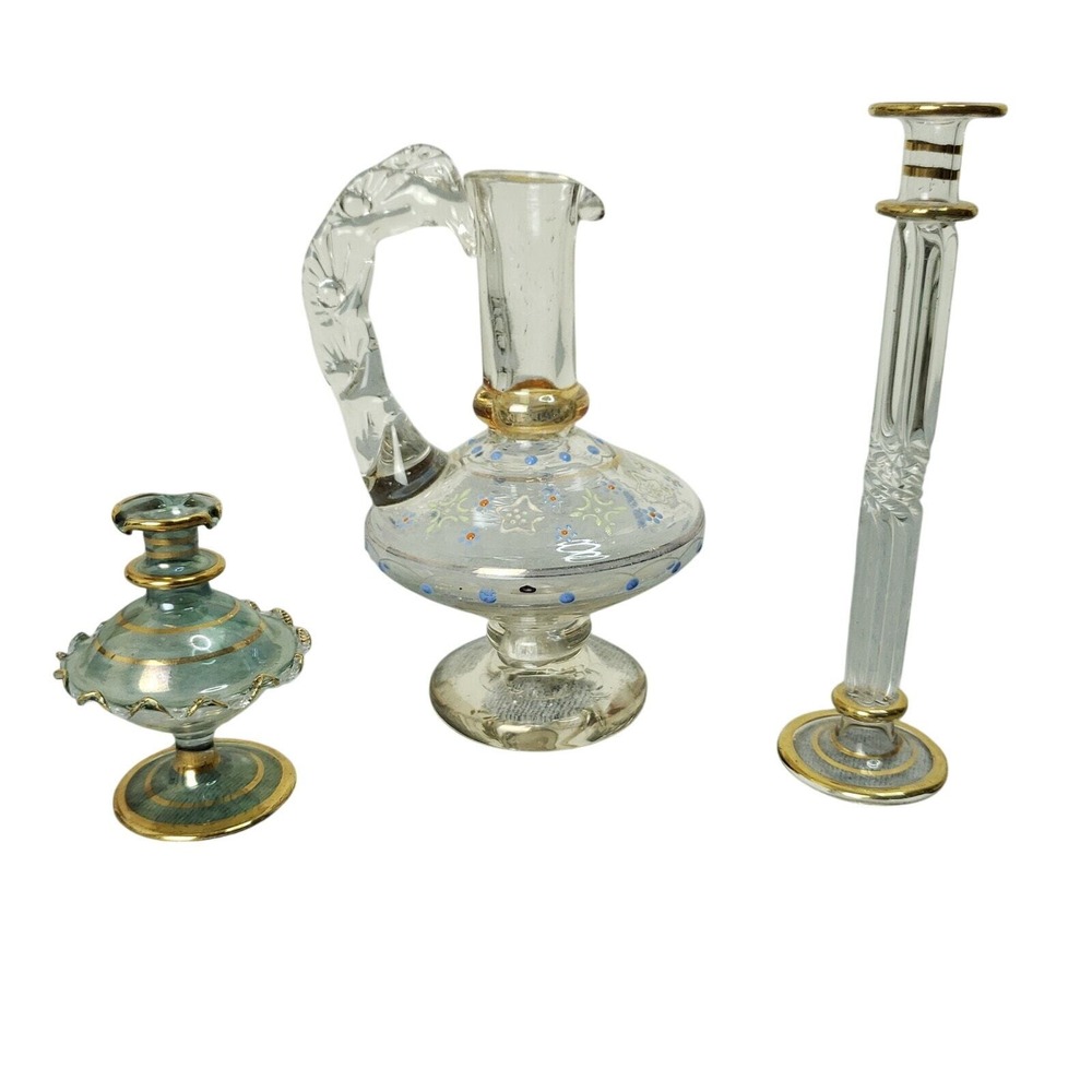 Egyptian Style Hand Blown Art Glass Bottle Cruet Candlestick Set Gold Accent 3pc